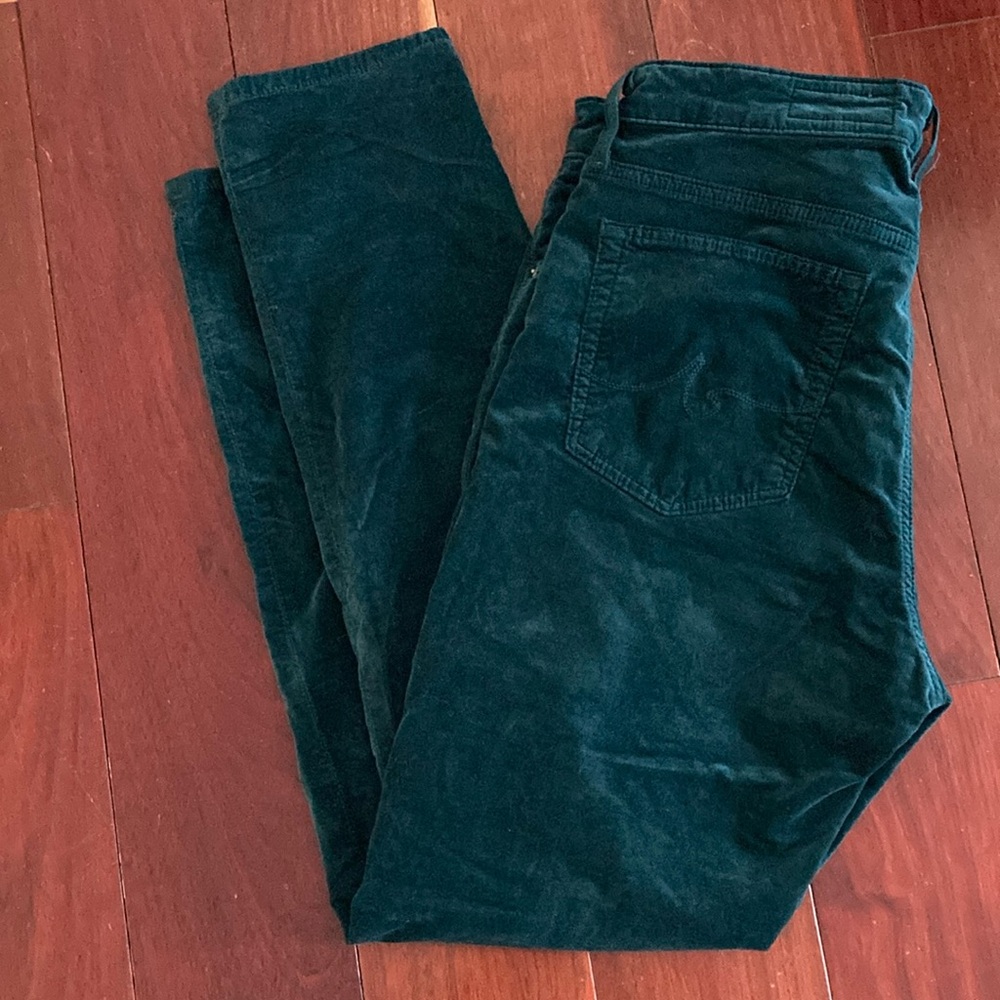 AG ‘The Stevie Ankle’ High-Rise Slim Straight Ankle Velvet Pant, Teal, Size 32R